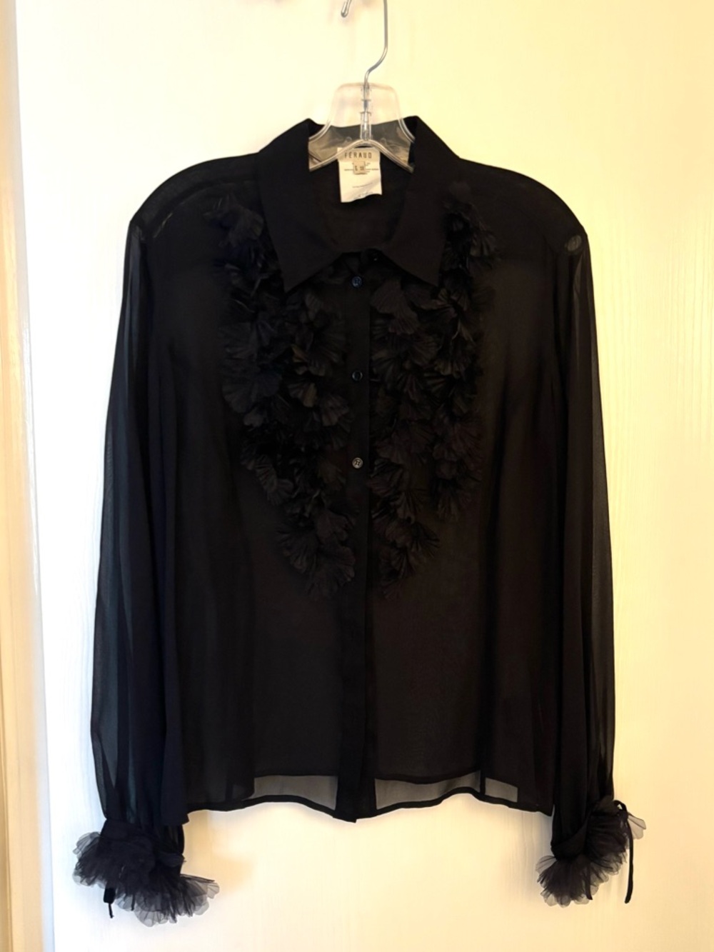 Louis Feraud Black Sheer Floral-Appliqué Blouse